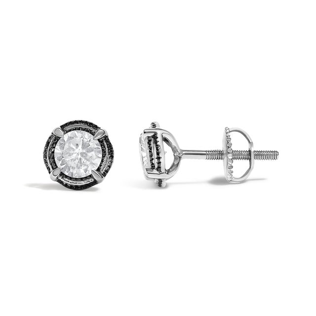 Contemporary Black Rhodium Plated .925 Sterling Silver Round 1.0 Cttw Diamond Double Halo 4-Prong Solitaire Milgrain Stud Earrings (H-I Color, I2-I3 Clarity) For Sale - Image 3 of 6