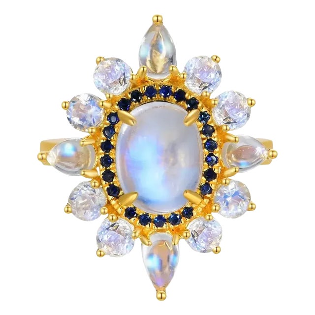Kai Moonstone Sapphire Cocktail Ring in 14k Solid Gold, size 10 For Sale