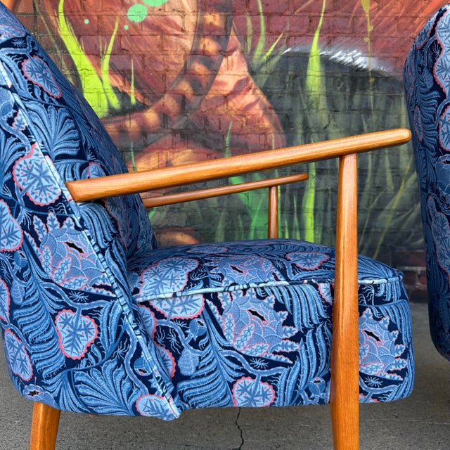 Wood Pair of Mid Century Modern Klaus Haapaniemi & Co. Iceflower Blue Fabric Chairs For Sale - Image 7 of 10
