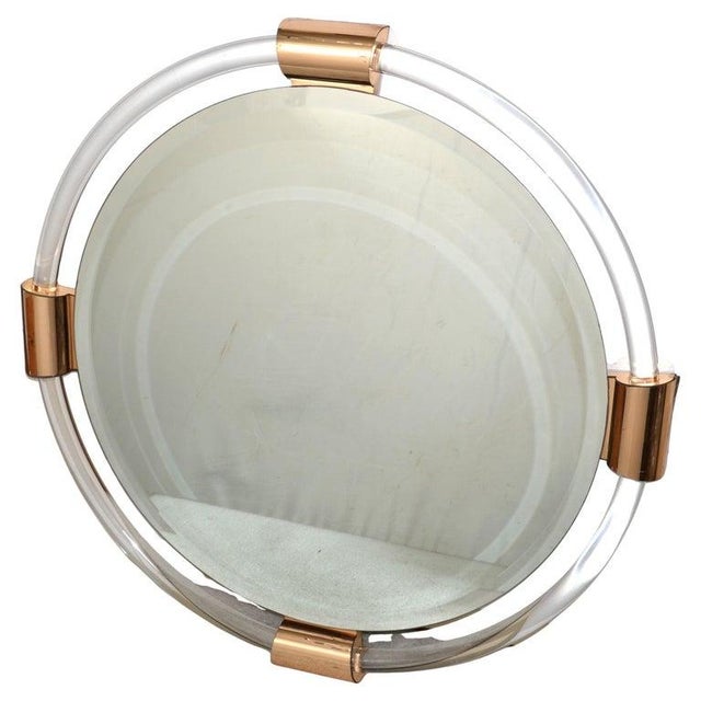Karl Springer 1980s Karl Springer Style Round Lucite Brass Beveled Wall Mirror Mid-Century Modern For Sale - Image 4 of 18