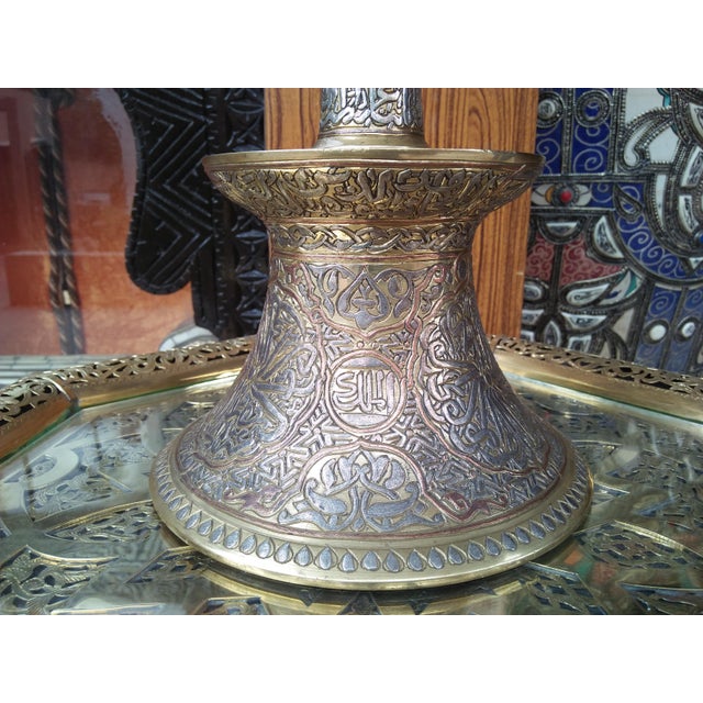 Vintage Middle Eastern Metal Candlesticks With Arabic Writing - a Pair For Sale - Image 9 of 11