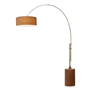 Tambo 92"h 1-Light Arc Lamp, Burlap Shade, Dark Walnut Base, Weathered Brass, Dimmable, for Living Room or Bedroom For Sale