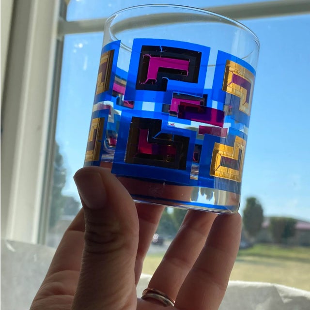 Vintage Berta Barware Greek Key Gold, Blue & Magenta MCM 60s Lowball Glasses - Set of 8 For Sale - Image 6 of 9