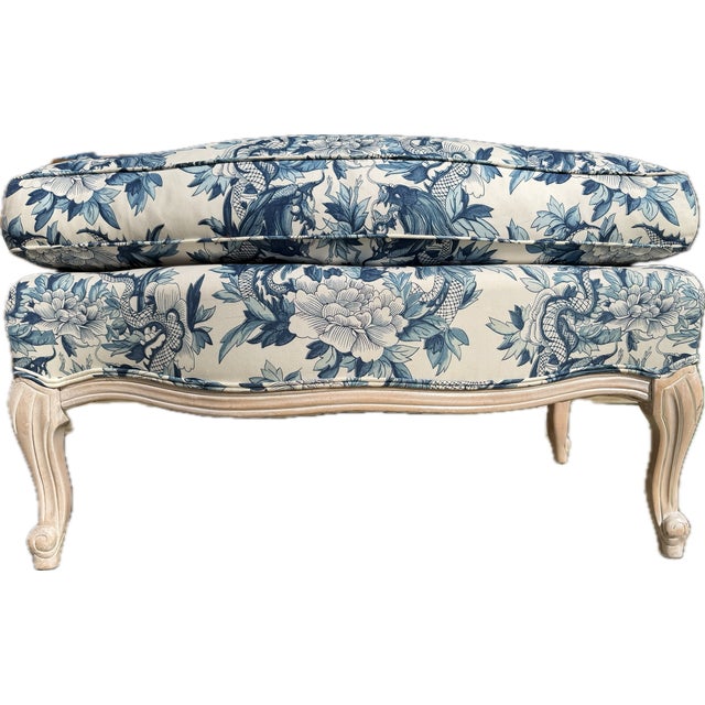 Traditional Custom Blue and White Marquis Bergere Chair and Ottoman Set Upholstered in Ralph Lauren For Sale - Image 3 of 18