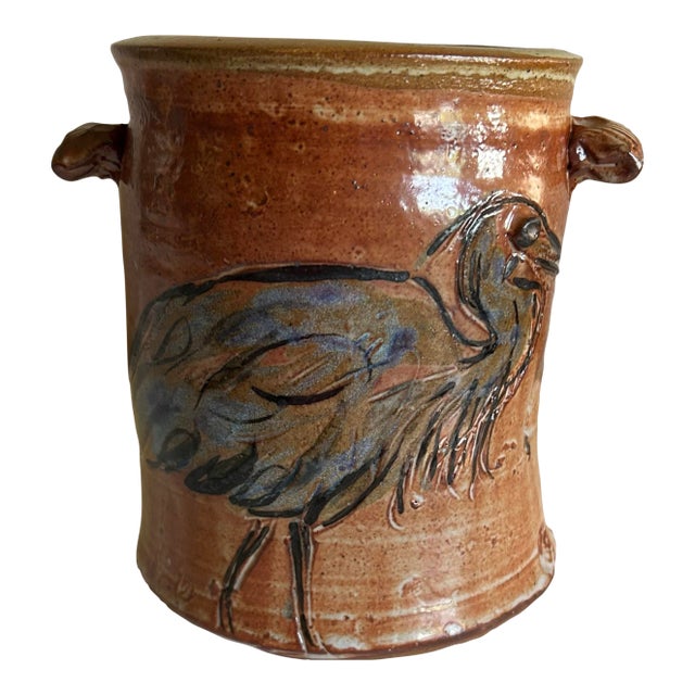 Vintage Studio Pottery Wine Cooler With Blue Herron For Sale