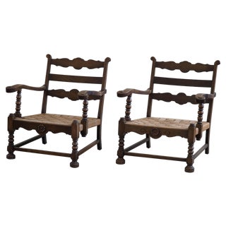 Set of Vintage Modern Danish Sculptural Armchairs in Oak and Papercord, 1940s For Sale