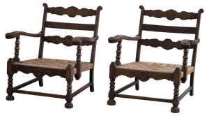Set of Vintage Modern Danish Sculptural Armchairs in Oak and Papercord, 1940s