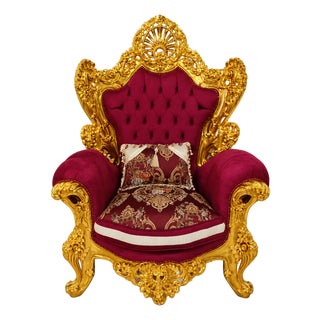 Burgundy Velvet Throne Chair – Hand-Carved French Baroque Armchair With Gold Leaf Frame For Sale