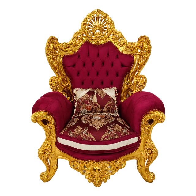 Burgundy Velvet Throne Chair – Hand-Carved French Baroque Armchair With Gold Leaf Frame For Sale