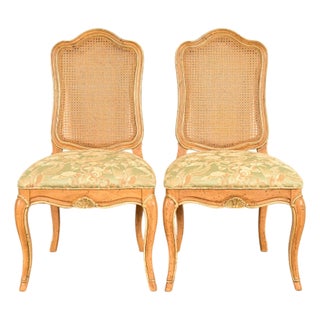 John Stuart French Provincial Louis XV Carved Oak and Cane Back Side Chairs or Dining Chairs | Pair For Sale