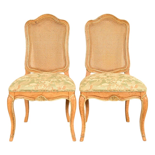 John Stuart French Provincial Louis XV Carved Oak and Cane Back Side Chairs or Dining Chairs | Pair For Sale