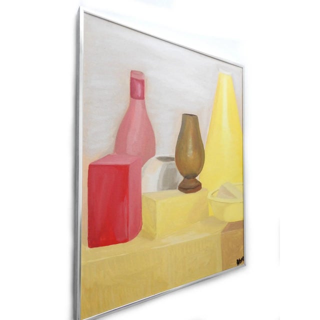 Contemporary Oil Still Life Painting on Canvas Panel Bottles Vase Cube, Framed For Sale - Image 3 of 12