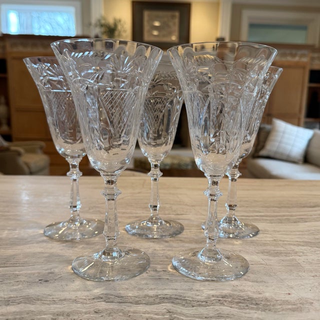Transparent 1940s Vintage Hand Blown Crystal Water Goblets - Set of 5 For Sale - Image 8 of 9