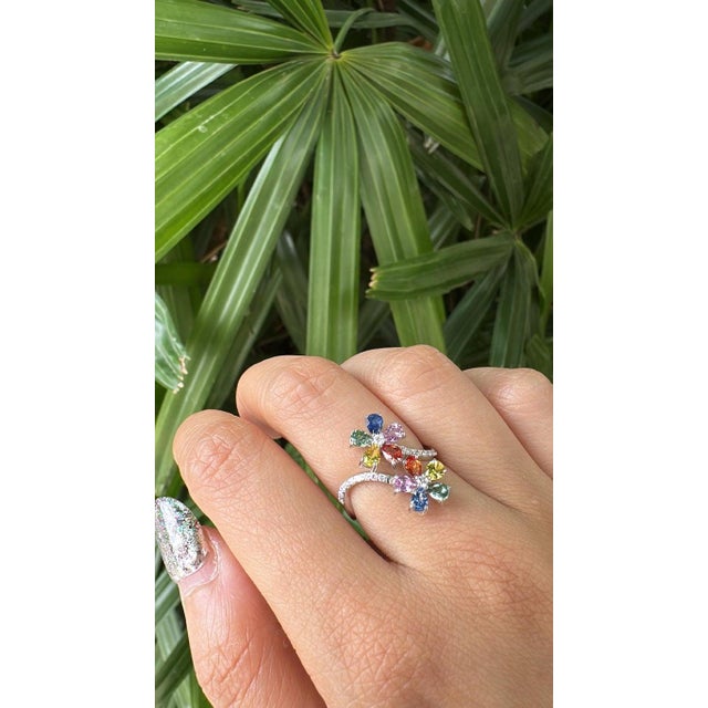Set in 18k White Gold, Ceylon Multi Sapphires & Diamonds Engagement Ring, Us Size 6.5 For Sale - Image 11 of 11
