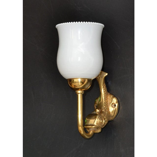 Metal Maison Lancel Brass Dolphin Sconces Ruffled Opaline Glass Shade France 1950-Pair For Sale - Image 7 of 13
