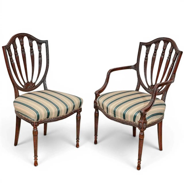 1900 - 1909 Early 20th Century Set of 12 English Mahogany Hepplewhite Style Carved Back Dining Chairs For Sale - Image 5 of 6
