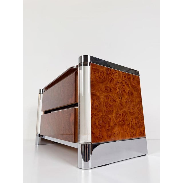 Gold Mid-Century Burl Wood, Chrome and Acrylic Glass Nightstands, 1970s, Set of 2 For Sale - Image 8 of 18