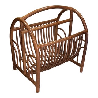 Vintage, Arched Rattan/Bamboo, Magazine/Book Rack, With Dual Compartments, Mid-Century Modern For Sale
