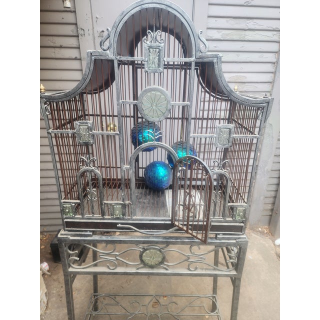 2 piece wrought iron decorative bird cage base and cage are separate pieces this is a Victorian Gothic style bird cage it...