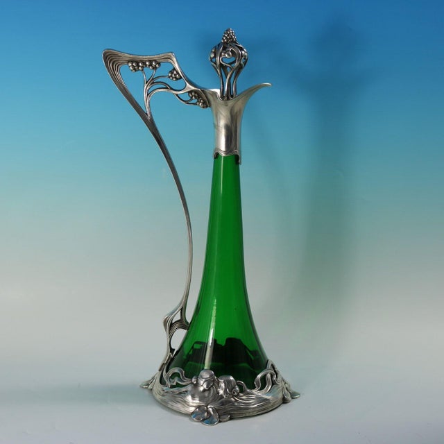 1910s Art Nouveau WMF Claret Jug and Stopper With Green Glass Liner For Sale - Image 5 of 15