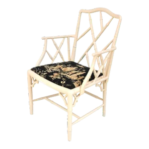 Mid 20th Century Chinese Chippendale Faux Bamboo & Cane Cockpen Desk Chair