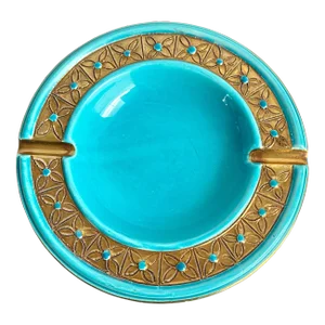 Mid Century 1960s Italian Pottery Round Ashtray Vibrant Turquoise and Gold