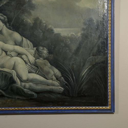 This majestic antique oil painting on canvas depicts a refined mythological or allegorical scene set in a twilight...