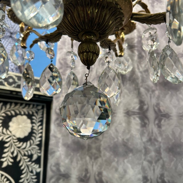 Brass and Crystal Tear Drop Multi Arm Chandelier For Sale - Image 10 of 11