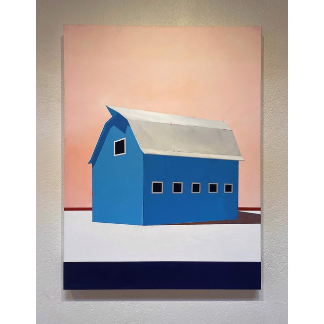"Barn, Palette #5" is an acrylic on canvas landscape painting by Justin Wheatley, completed in 2024. A blue barn stands...