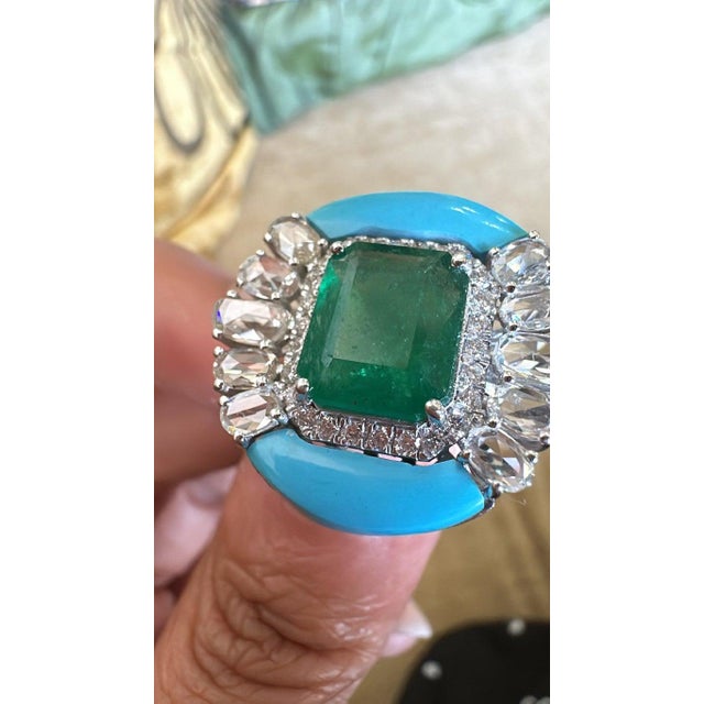 Set in 18k Gold, Zambian Emerald, Turquoise & Rose Cut Diamonds Cocktail Ring, Size 6.5 For Sale - Image 10 of 11