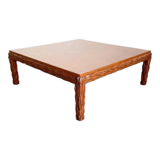 Hand Carved Wooden Leaves Square Coffee Table For Sale