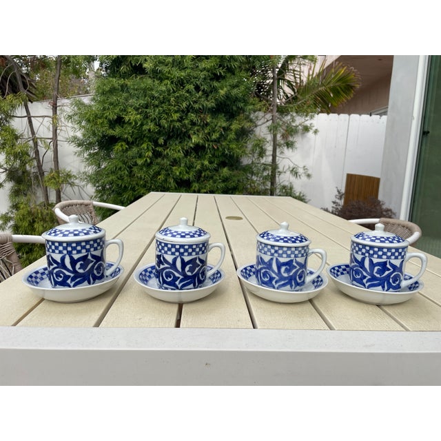 Vintage tea cups with lid and bowl saucer. Set of four- 3 piece hand-painted chinoiserie coffee or tea mugs with lids to...