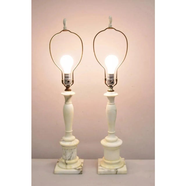 Vintage Italian Classical Carved White Marble Column Form Table Lamps - a Pair. Circa Mid 20th Century. Measurements:...