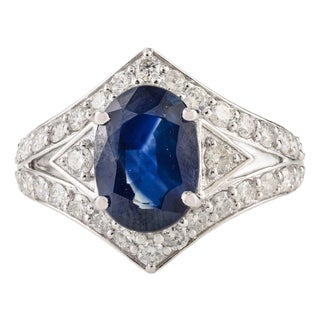1920s Style 2.6 Ct Deep Blue Sapphire Art Deco Diamond Ring Size 6.5 in 14k White Gold For Sale
