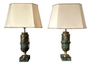 Table Lamps in Green Marble and Gilded Bronze, Set of 2
