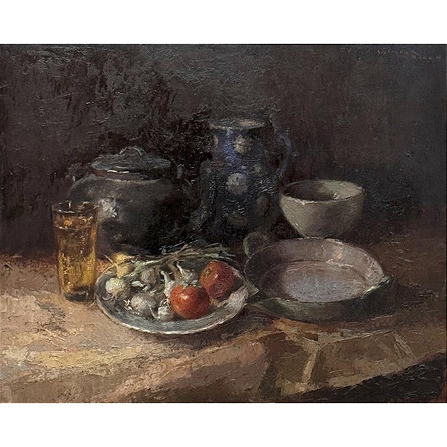 Antique Framed Oil Painting on Canvas by Guy Cambier (1923-2008) 'Country Still Life' is a deeply atmospheric still life...