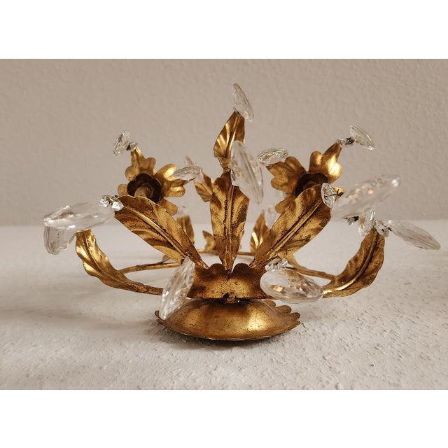Ornamental & Decorative Materials Hollywood Regency Hand-Forged Gold Leaf Gilded Floral 2-Light Wall Lamp with Crystals, 1950s For Sale - Image 7 of 18