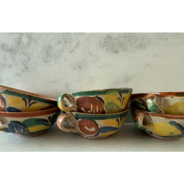 Set of 6 Vintage Hand Painted Mexican Pottery Cups For Sale - Image 4 of 10