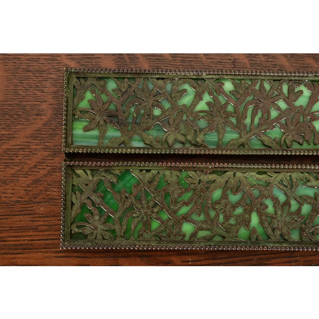 Apollo Studios New York Arts & Crafts Grapevine Pattern Bronze and Slag Glass Blotter Ends With Leather Desk Blotter For Sale - Image 10 of 15