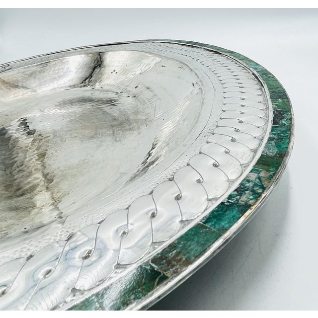 1980s Massive Emilia Castillo Silver Plate & Malachite Taxco Serving Bowl, Hand Signed For Sale - Image 13 of 18