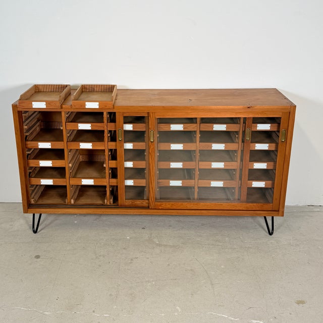 1960s Vintage German Pine Sideboard with 24 Drawers and Glass Sliding Doors, 1960s For Sale - Image 5 of 14