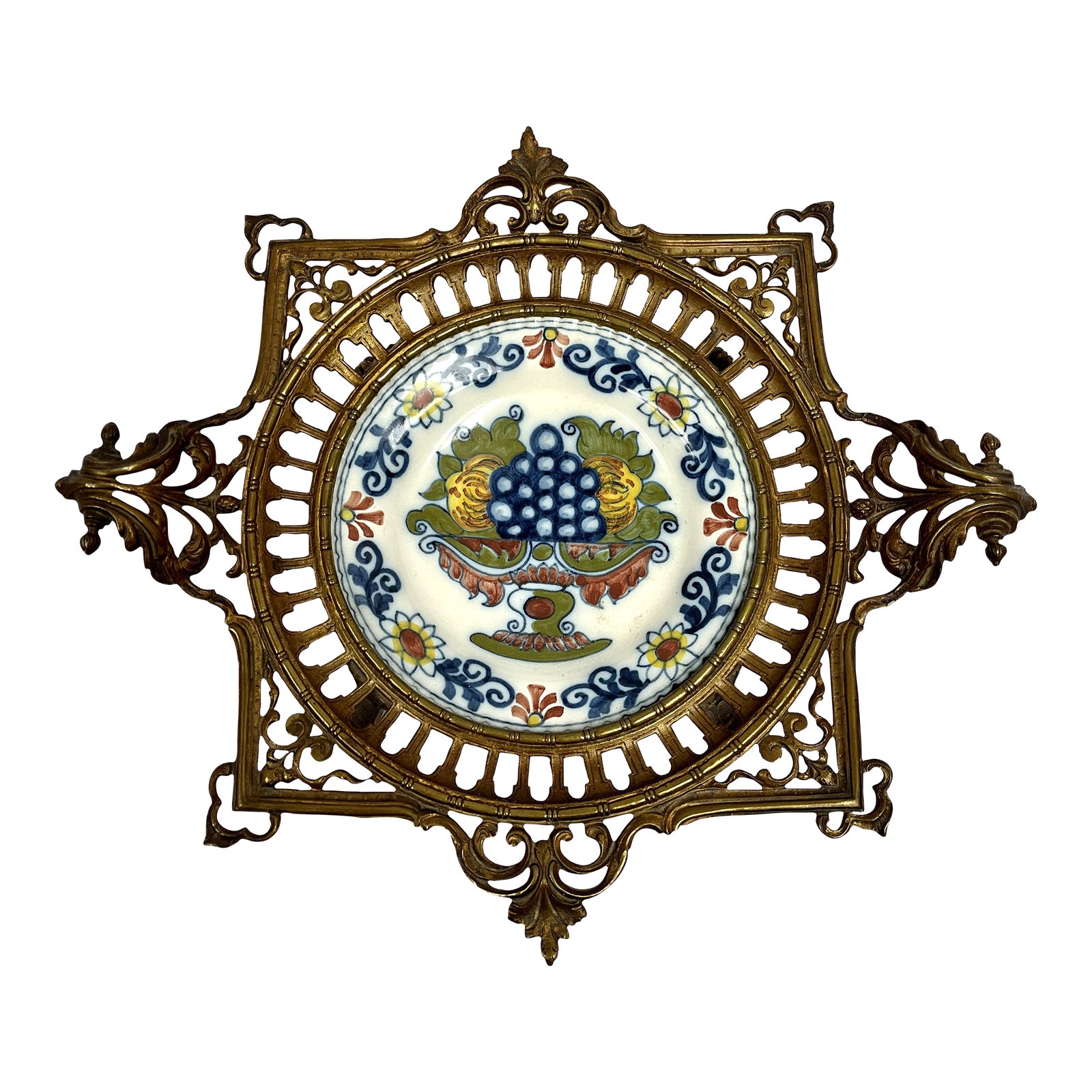 MidCentury Dutch Hand Painted Makkum Pottery in Ornate Brass Stand