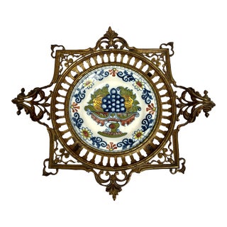 Mid-Century Dutch Hand Painted Makkum Pottery in Ornate Brass Stand For Sale