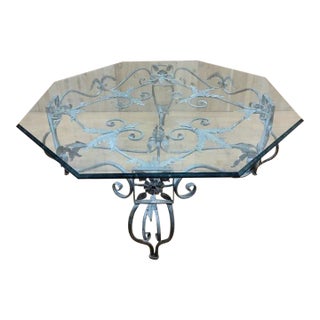 Vintage French Parisian Wrought Iron Octagonal Glass Top Coffee Table For Sale