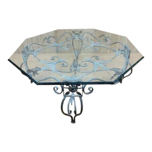 Vintage French Parisian Wrought Iron Octagonal Glass Top Coffee Table