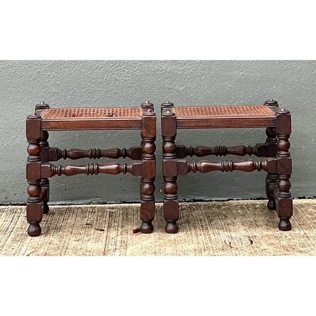 Vintage Turned Wood Low Stools With Caning For Sale - Image 9 of 12