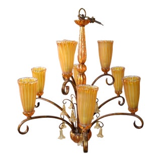 Contemporary Amber Blown Art Glass Bronze Finish 9 Light Chandelier Light Fixture For Sale