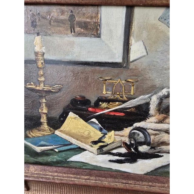 Antique Signed Painting Trompe l'Oeil Mischievous Cat For Sale - Image 4 of 9