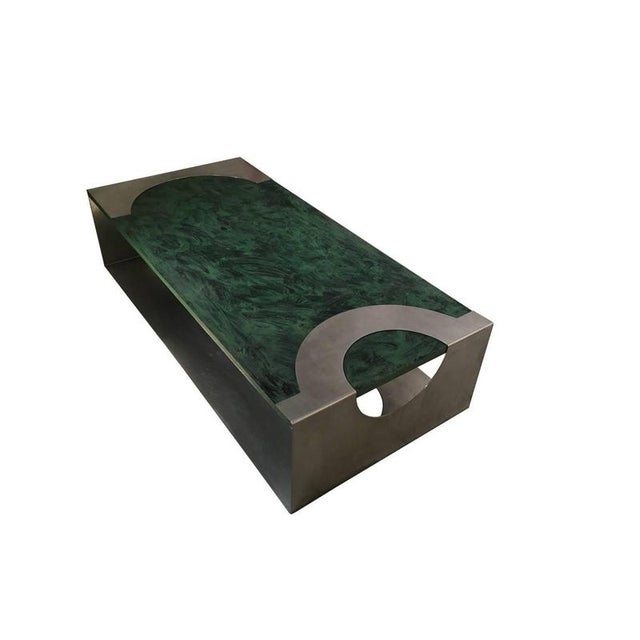 Post-Modern Green Patinated Wood and Stainless Steel Coffee Table, 1970s For Sale - Image 4 of 16