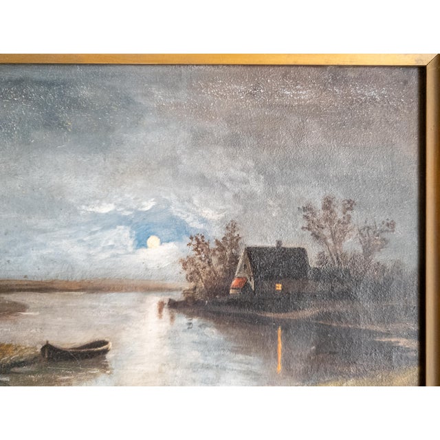 Gray 19th Century Continental European Moonlit Nocturne Landscape Painting For Sale - Image 8 of 12
